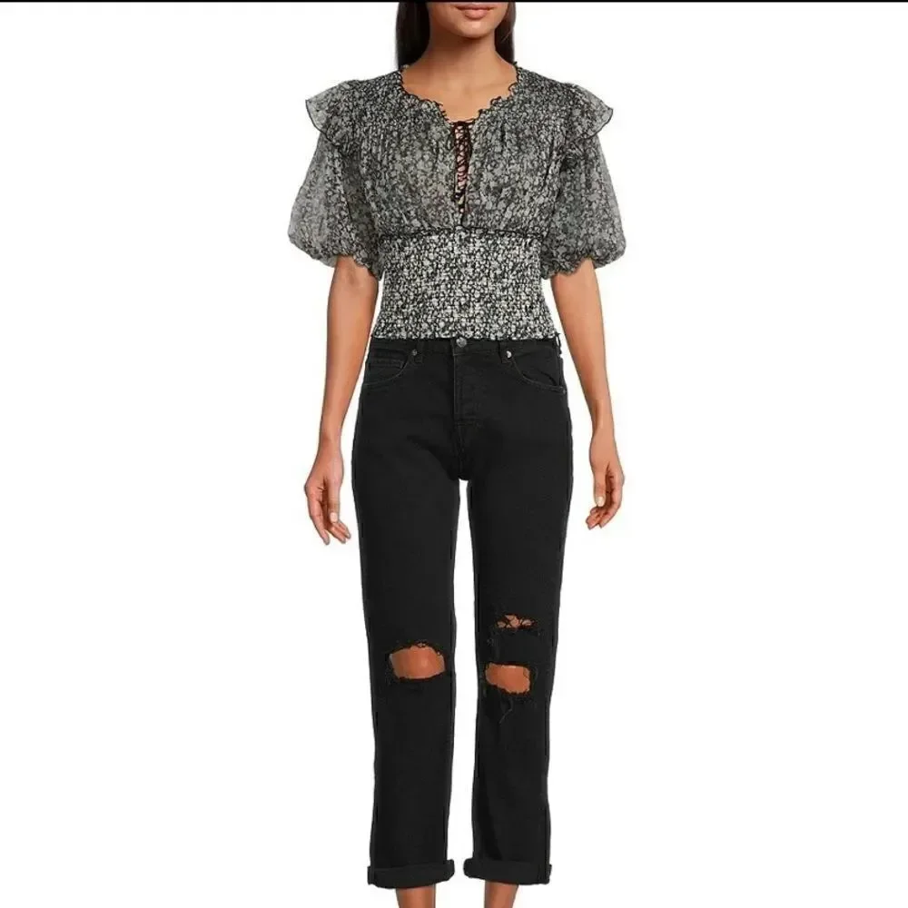 Free People Beatrice Floral Print Cross Tie Neck Smocked Crop Top NWT Size Large